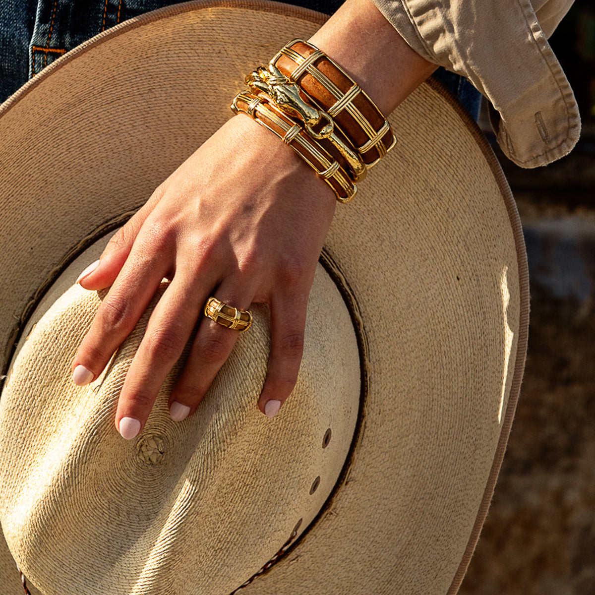 Equestrian Horsehead Hinged Bangle - Gold On Model