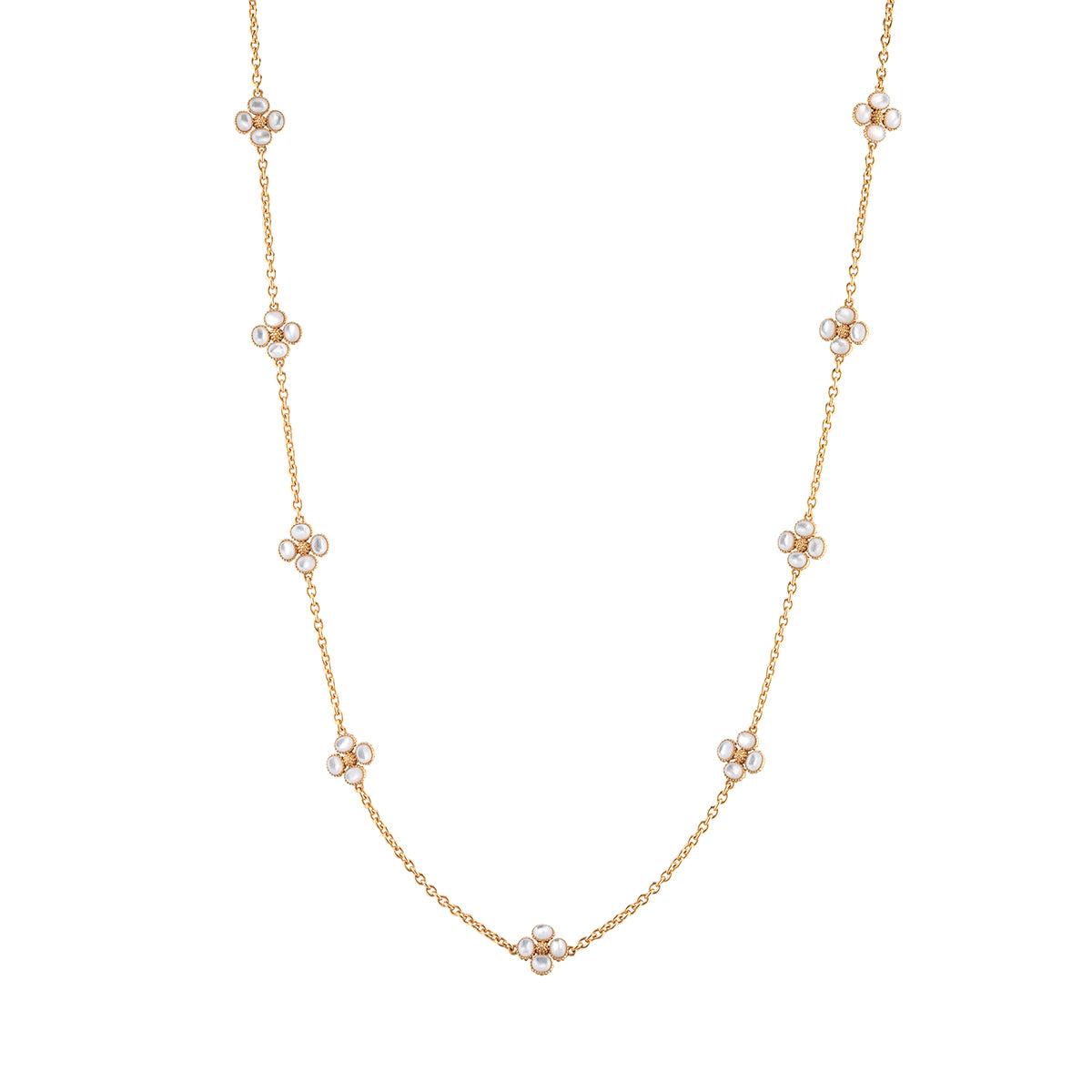 This dainty, double-sided station chain necklace is a vision in bright, gleaming gold and iridescent mother of pearl, interspersed with our clever double-sided clovers that playfully flip throughout the day—from mother of pearl clovers with golden berry centers to golden clovers with mother of pearl centers.