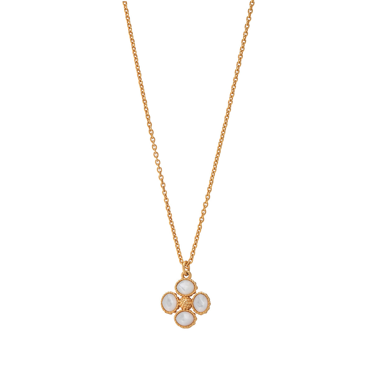A dainty chain is embellished with a luminous mother of pearl clover trimmed with intricate gilded details and a golden berry center. This light and airy necklace is lovely for layering and brings a touch of elegance to elevate your everyday. You’ll adore wearing this go-to piece from day to night, work to weekend.