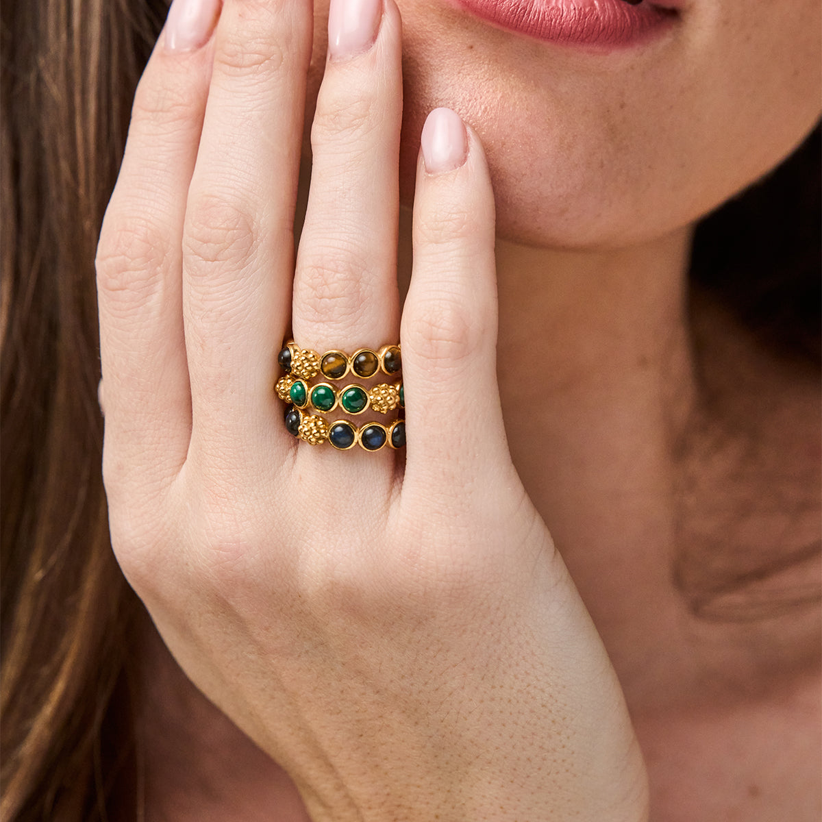 Berry Gem Ring - Malachite close up of multiple rings on finger