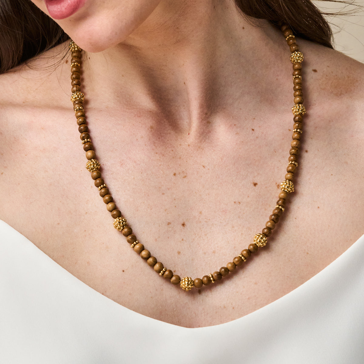 Berry Single Strand Petite Beads Necklace, 24" - Teak close up of necklace on model 