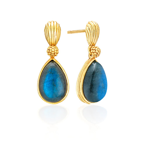 These day-to-night earrings are equally dramatic and demure, with luminous drops of blue labradorite gemstones that delicately dance around your face. Ready to take you from the boardroom to the ballroom.