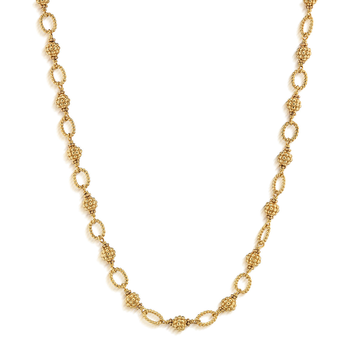 We’ve reimagined the classic necklace chain with some elevated elements—namely our gorgeous golden berries interspersed with ornate links done in our iconic twisting thread. Gloriously versatile, this piece is designed for layering and easily works with any pendant. Just like all women, it can do it all while emanating beauty.