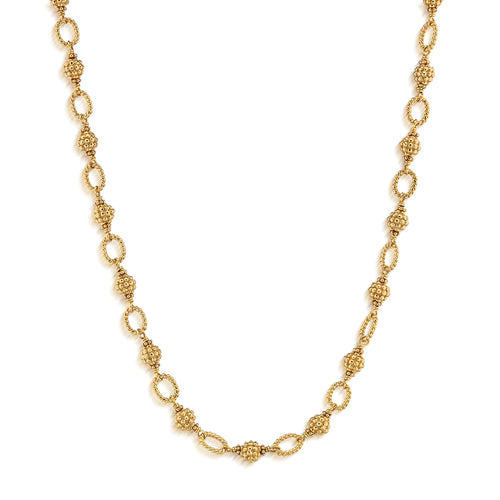 We’ve reimagined the classic necklace chain with some elevated elements—namely our gorgeous golden berries interspersed with ornate links done in our iconic twisting thread. Gloriously versatile, this piece is designed for layering and easily works with any pendant. Just like all women, it can do it all while emanating beauty.