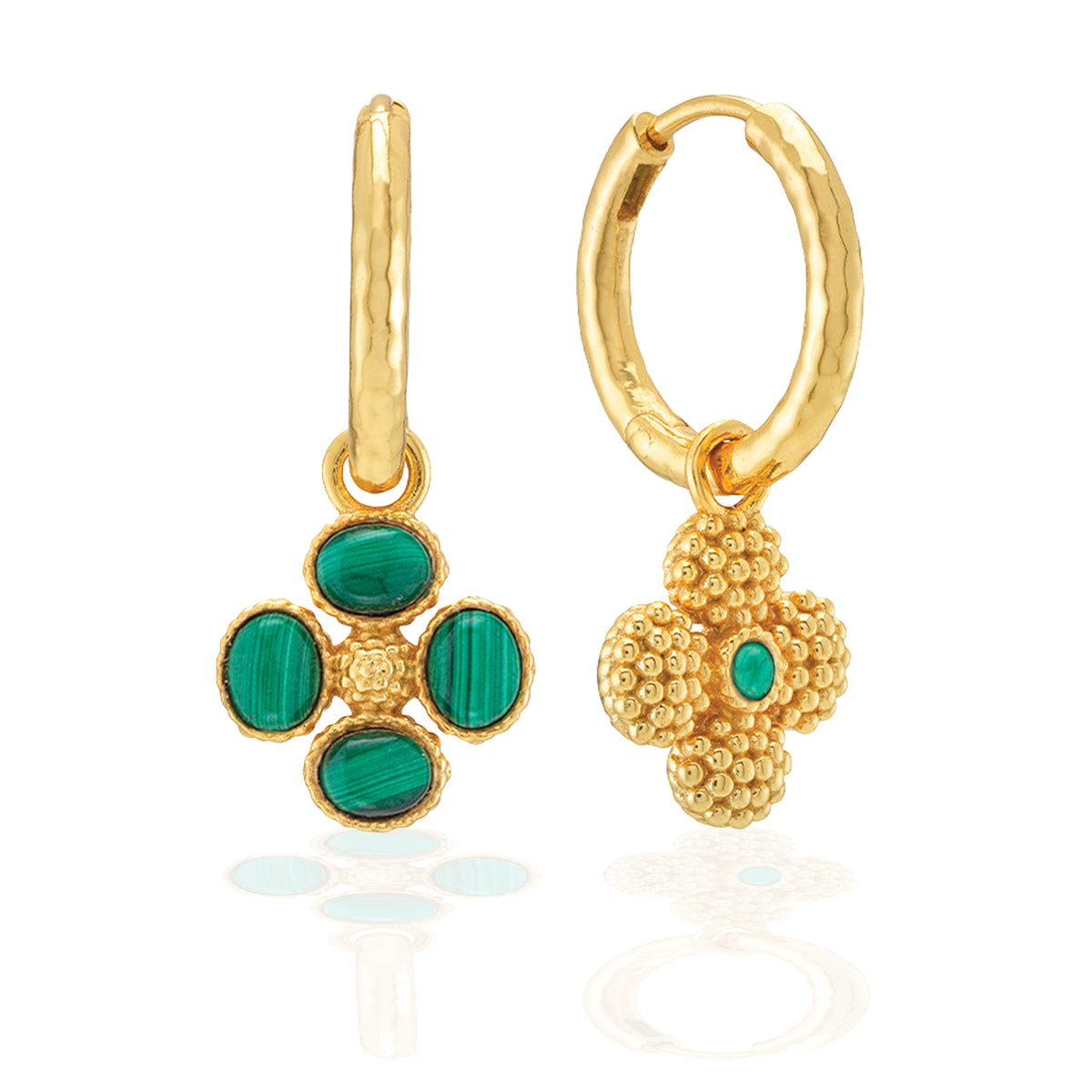 Berry Clover Hoop Earrings with Double Sided Charm - Malachite detail of front and back of earring