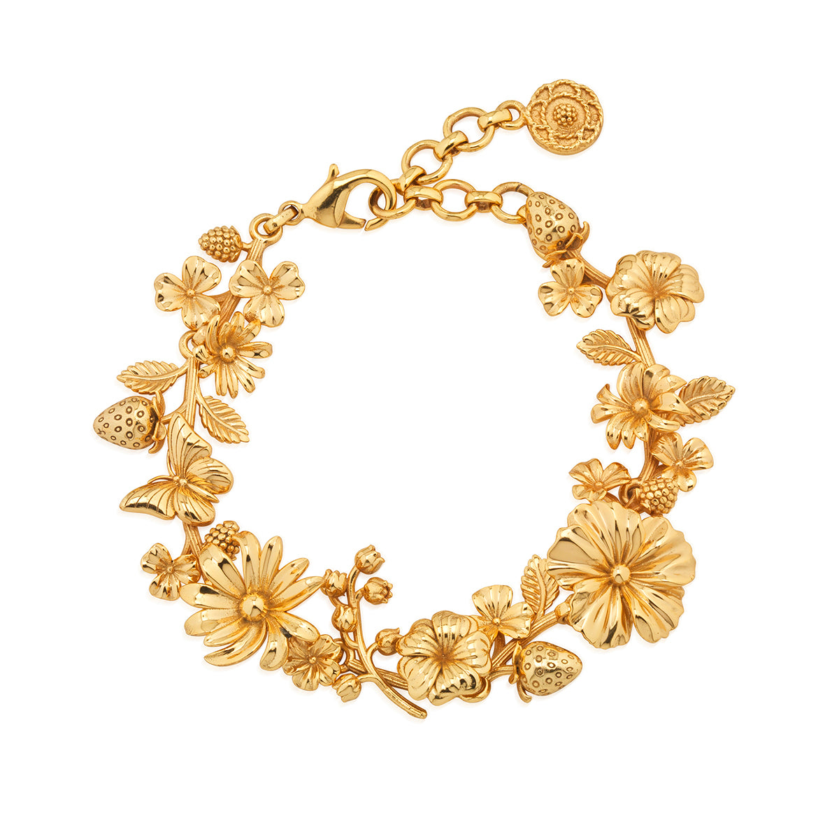 A garland of wildflowers, blooms and butterflies compose this intricately detailed golden bracelet that brings a sense of romance and whimsy to your everyday adventures and special occasions alike. Fabulous on its own or to enliven any bracelet stack, this blossoming bangle is the perfect finishing touch from Mother Nature to elevate any outfit.