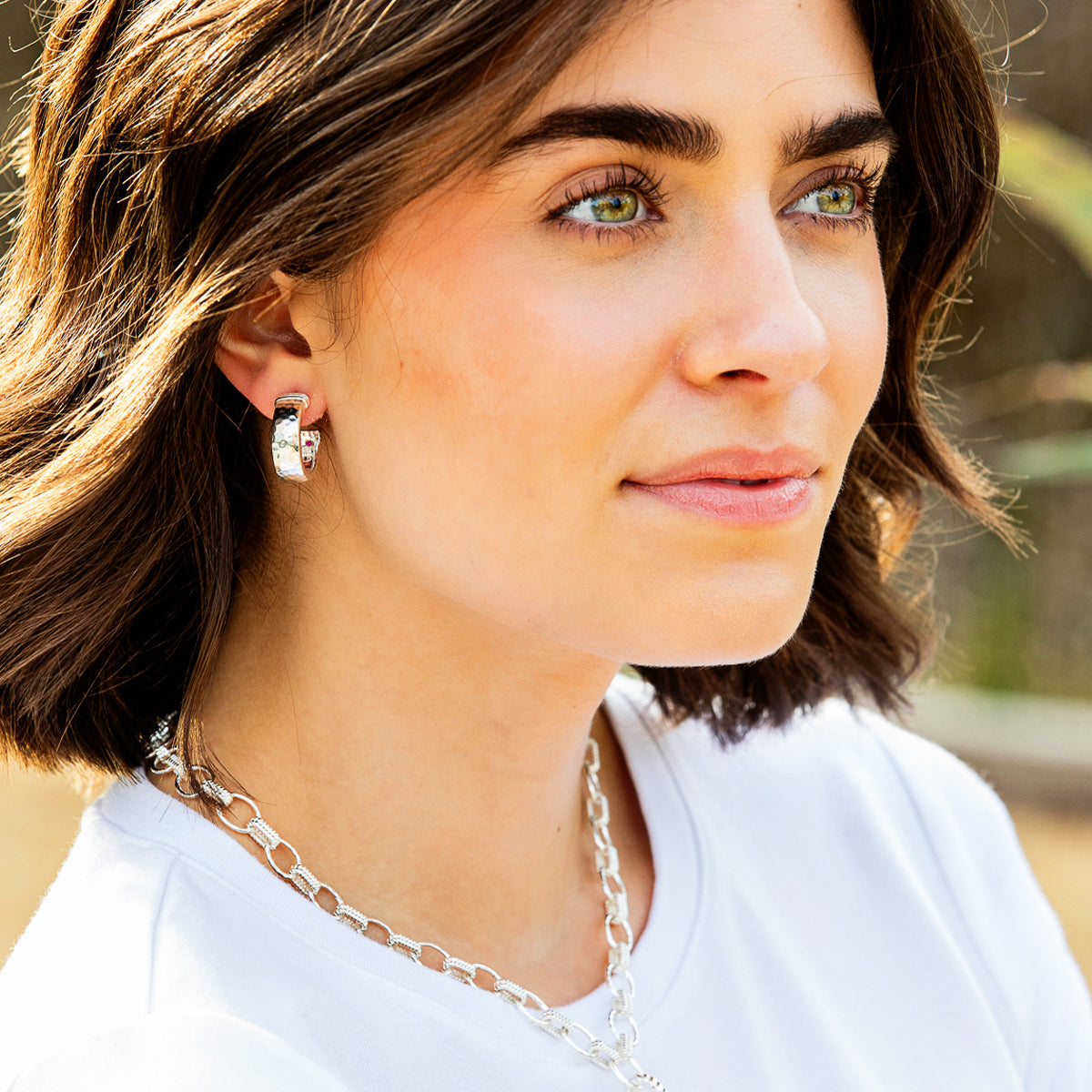 Cleopatra Classic Small Hoop Earrings - Silver On Model