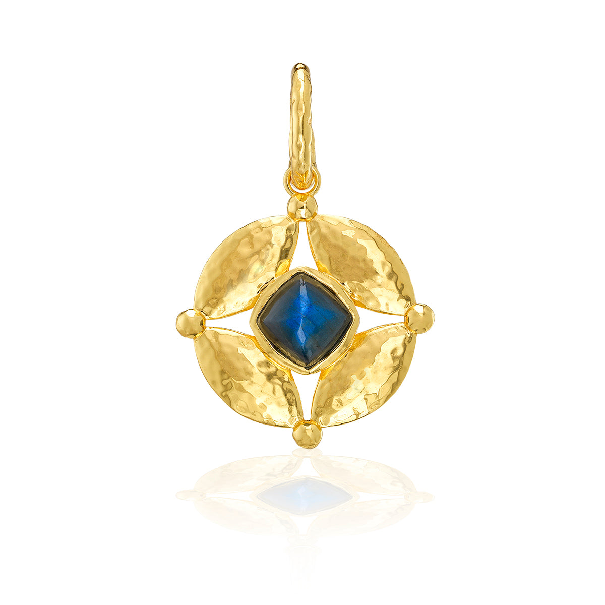 This double-sided pendant is pure eye candy to add to any chain, shimmering with hammered gold and a vibrant wink of color from lush green onyx to an intense blue labradorite gemstone. Symbolizing that cosmic place between your heart (feeling) and your head (logic), carry this Mystic Eye with you and be reminded to trust your instincts—your inner sight shines bright.