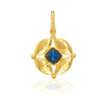 This double-sided pendant is pure eye candy to add to any chain, shimmering with hammered gold and a vibrant wink of color from lush green onyx to an intense blue labradorite gemstone. Symbolizing that cosmic place between your heart (feeling) and your head (logic), carry this Mystic Eye with you and be reminded to trust your instincts—your inner sight shines bright.