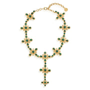 A swirling compass motif in gleaming gold envelops gorgeous green malachite stones to compose this statement piece that is divinely elegant. Wear it for everything from garden parties to getaways, date nights to formal affairs—and be reminded to follow your own true north and let your inner light shine bright. This convertible necklace can be worn with or without the center drop, so that you can adjust it to suit your neckline.