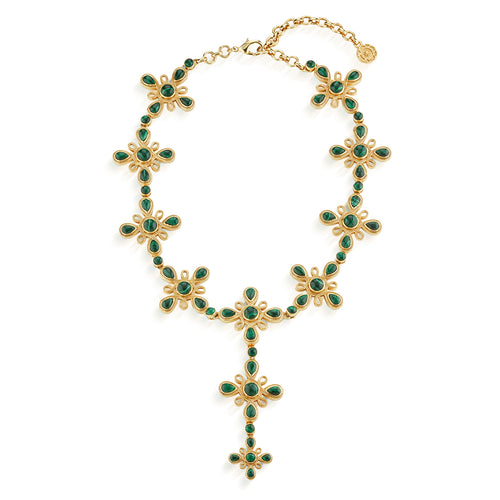 A swirling compass motif in gleaming gold envelops gorgeous green malachite stones to compose this statement piece that is divinely elegant. Wear it for everything from garden parties to getaways, date nights to formal affairs—and be reminded to follow your own true north and let your inner light shine bright. This convertible necklace can be worn with or without the center drop, so that you can adjust it to suit your neckline.