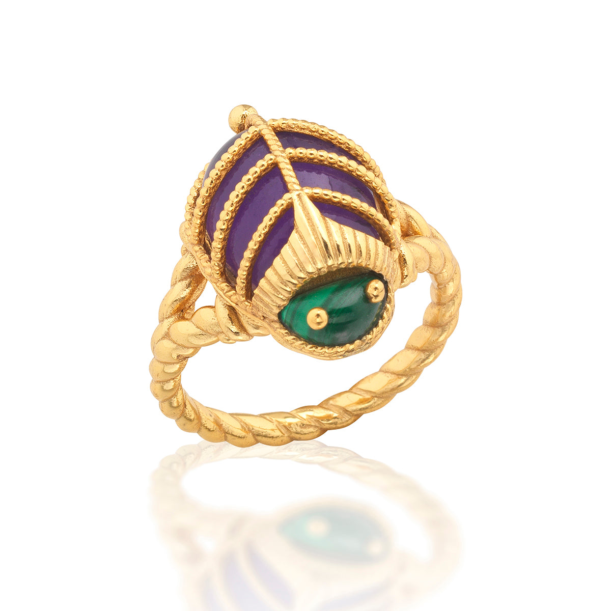 This colorful little character is an empowering talisman of resilience to carry with you every day. Our version of an ancient Egyptian amulet, this sacred scarab features luminous amethyst wings clad in an ornate, gilded exoskeleton with a polished malachite head atop a gold ring band.
