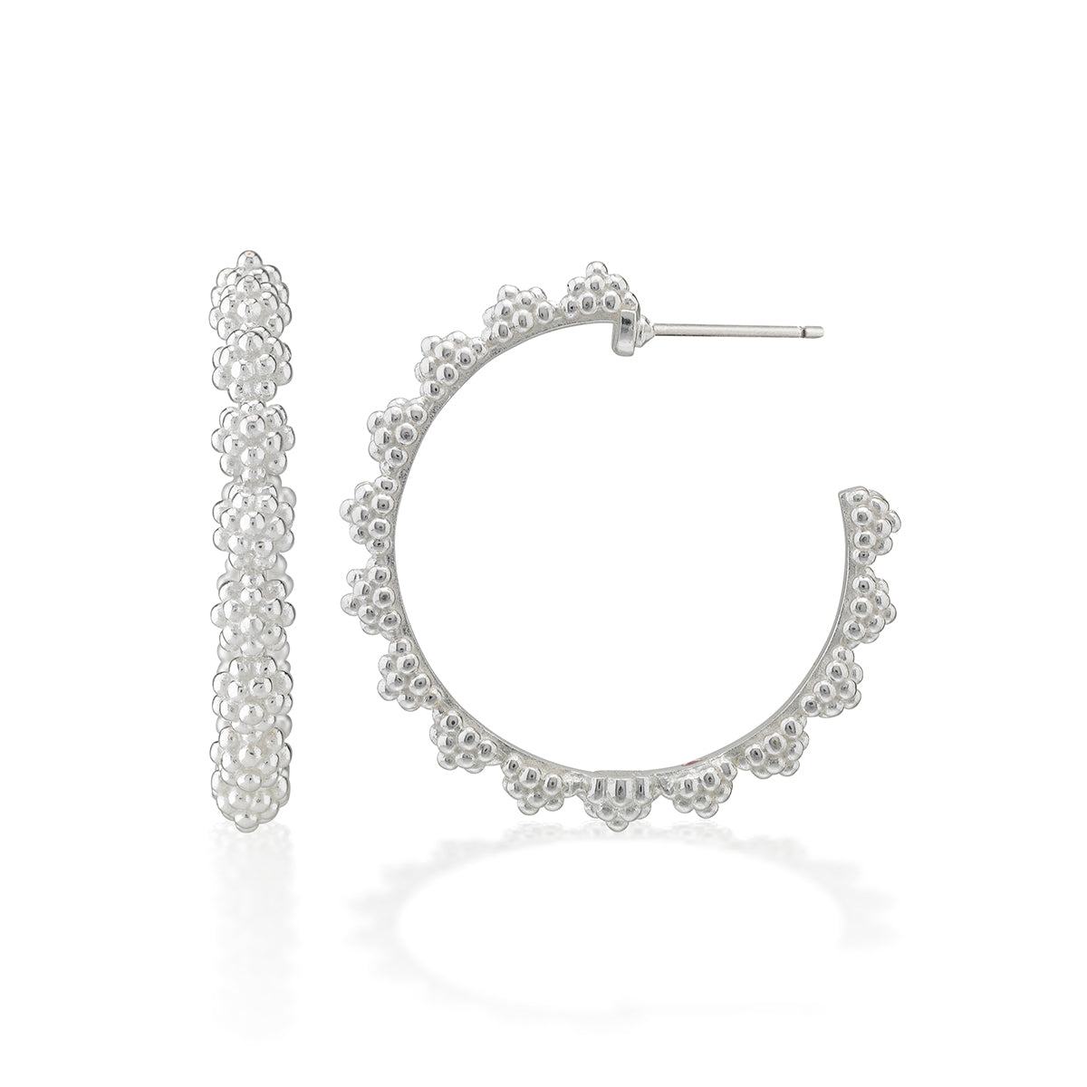 Berry Icon Medium Hoop Earrings - Silver detail of front and side of earring