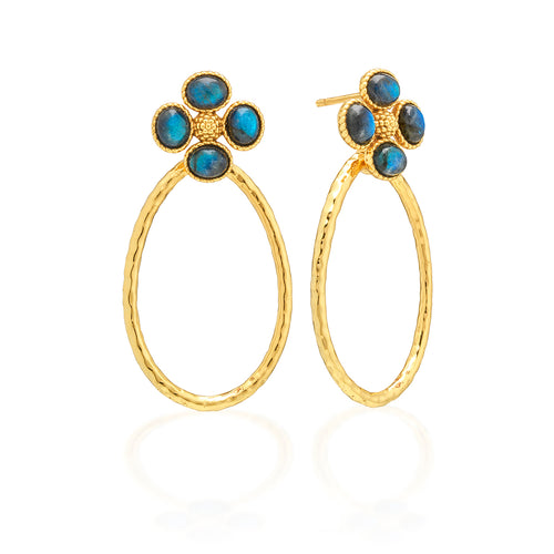 Shimmering hammered gold teardrop hoops dangle from clover-shaped studs of luminous blue labradorite. With understated elegance, this irresistible pair of earrings knows precisely how to make a subtle statement, whether it’s a day at the office or a night out on the town. Lucky you!