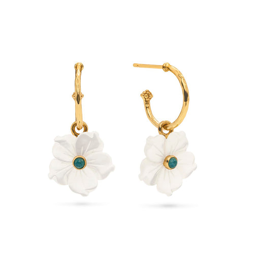 Our exquisitely detailed mother of pearl flowers dangle sweetly from classic golden hoops that hug your ear for a subtle sway of movement as you go about your daily adventures. Dripping with iridescence and charm, these darling buds of spring (and summer!) dress up or down any outfit, from the boardroom to a bridal party.