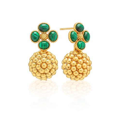 Gorgeous gold berries dangle from clovers made of gorgeous green malachite stones to create these drop earrings that make a subtle statement when paired with everything from a pair of jeans to a cocktail dress. Lucky you!
