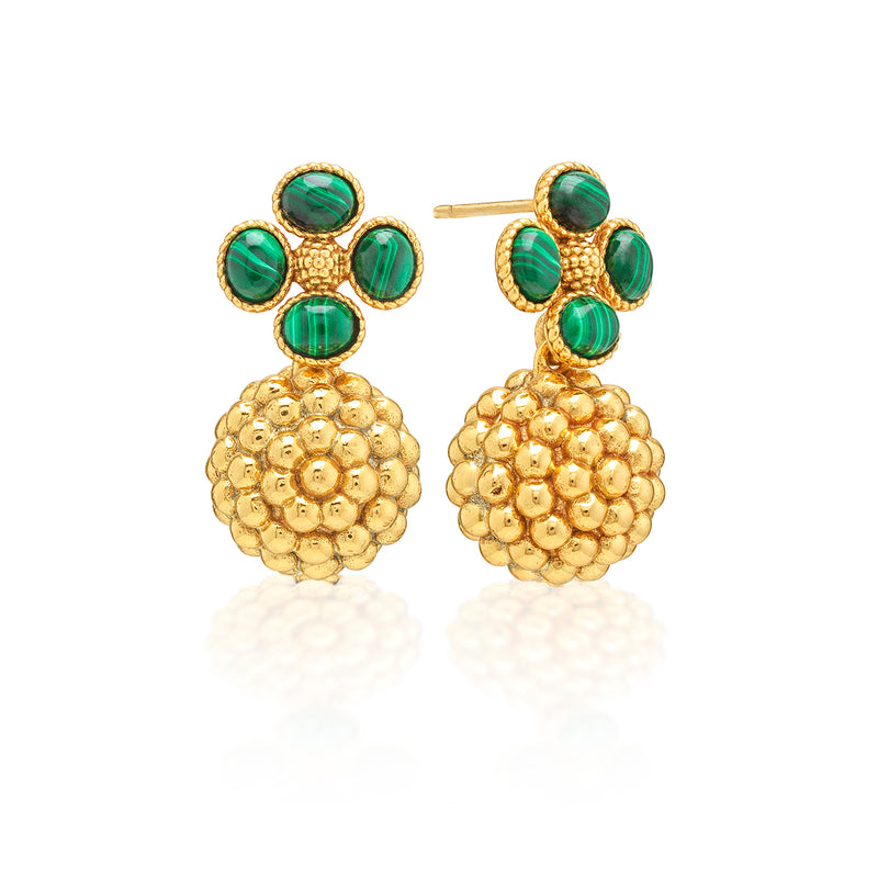 Gorgeous gold berries dangle from clovers made of gorgeous green malachite stones to create these drop earrings that make a subtle statement when paired with everything from a pair of jeans to a cocktail dress. Lucky you!