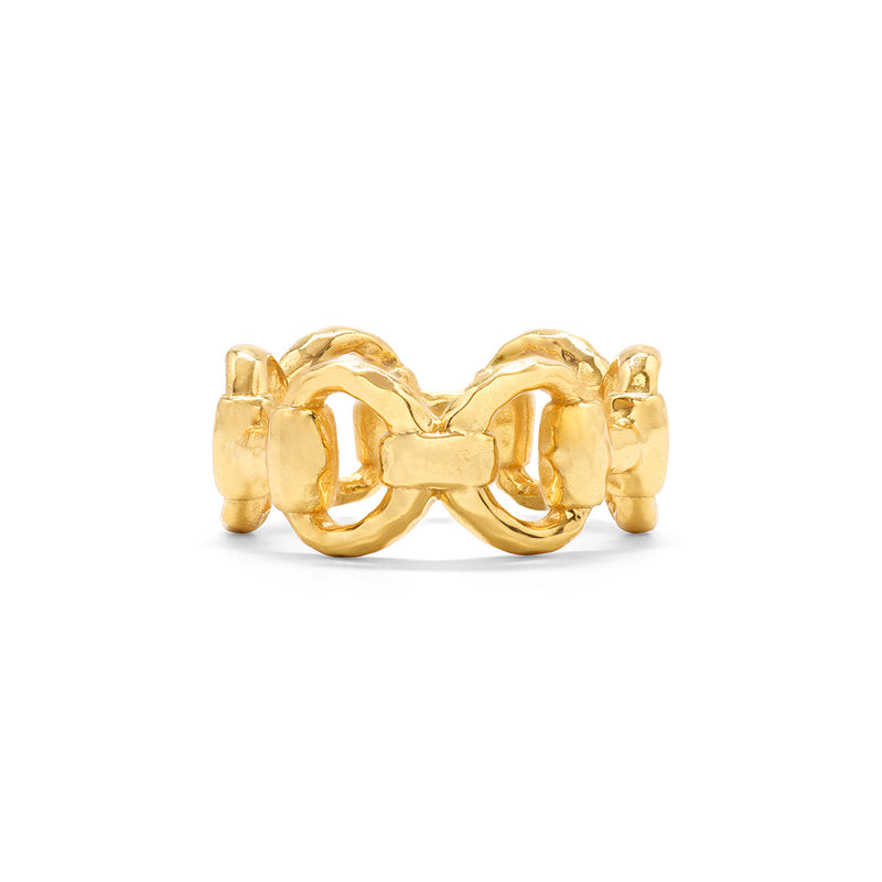 This equestrian-inspired ring is equally noble and earthy, evoking the majesty of horses with our sculptural snaffle bit motif. The first bit introduced to a yearling, it symbolizes gentleness and communication while its radiant gold finish is a reminder that sometimes you have to just jump the fences and blaze your own trail. 
