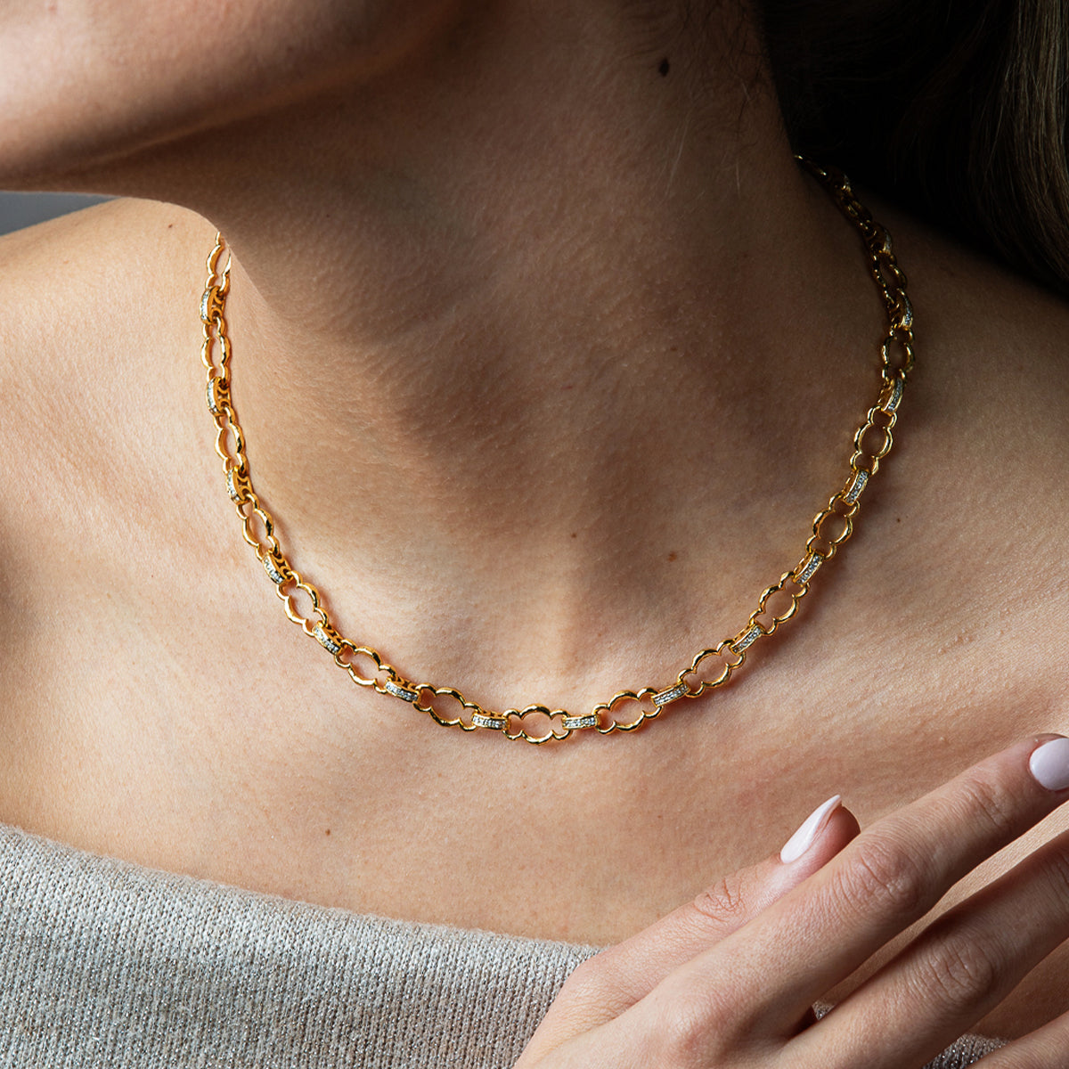 Maharani Petite Chain Necklace, 16"+2" - Clear Cubic Zirconia close up on model