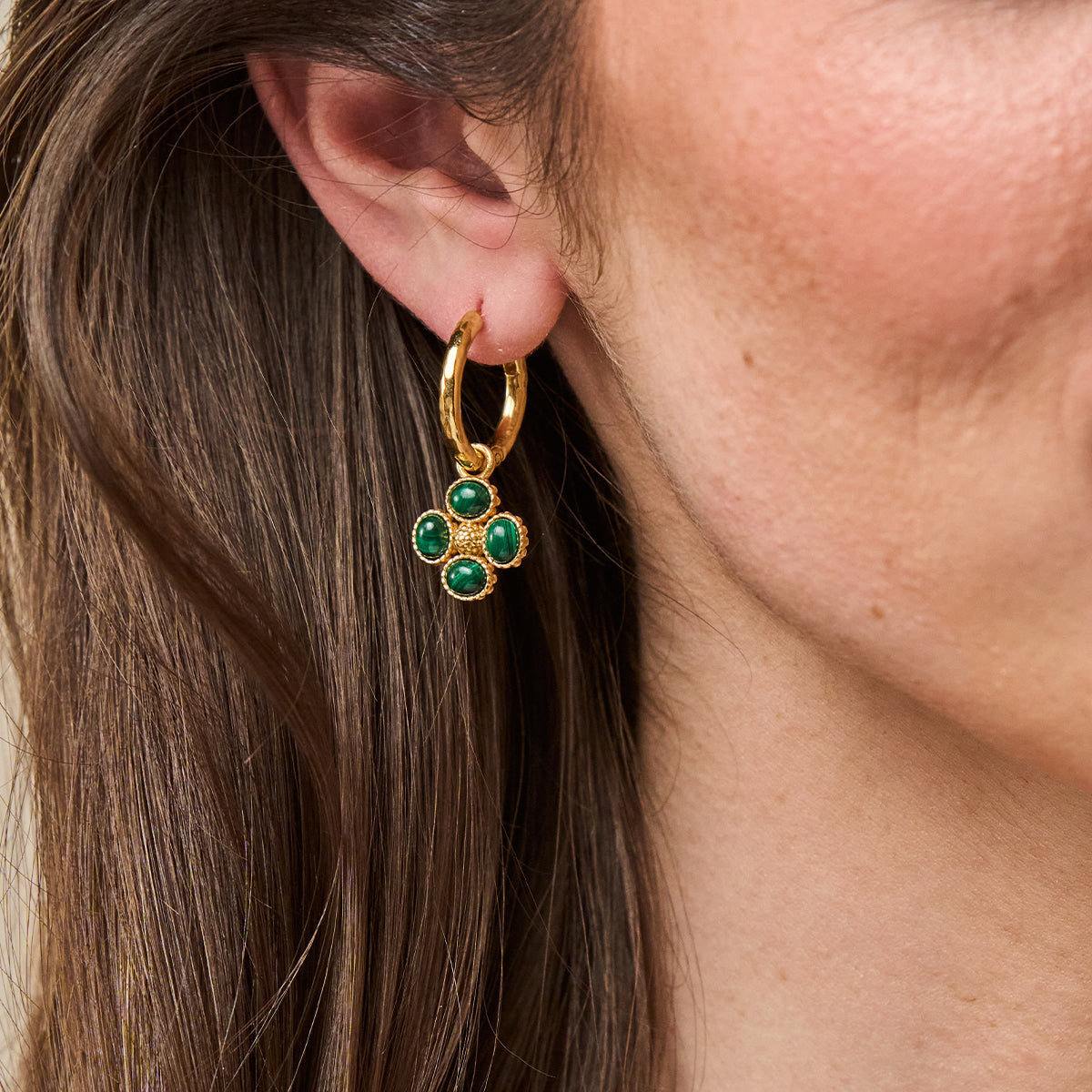 Berry Clover Hoop Earrings with Double Sided Charm - Malachite close up of front of earring on ear