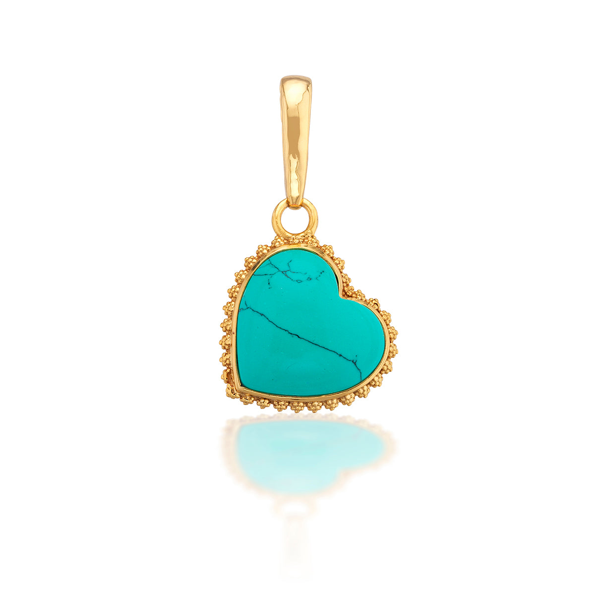 A love token to add to any bracelet or necklace chain, with a natural, hand-carved and polished turquoise heart trimmed in our signature bright gold twisting thread to carry with you wherever you go. Makes a fabulous gift for your beloved—or yourself!