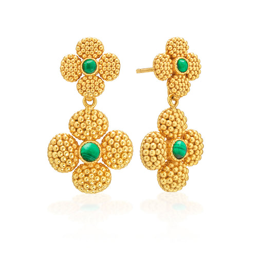 Our signature golden berries are clustered together in 4-leaf clovers so you can carry a token of luck everywhere you go. With gorgeous green malachite gemstone centers, this pair of earrings can be easily converted to just the studs by removing the bottom clover—making this set a gorgeous and gilded two-for-one. Lucky you!
