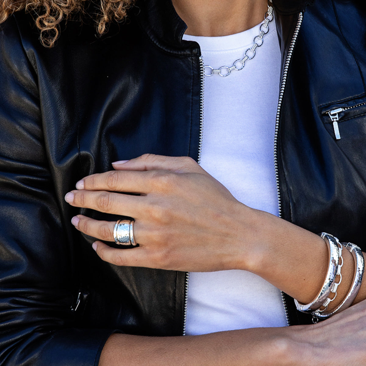 Cleopatra Slice Stacking Ring Set - Silver On Model