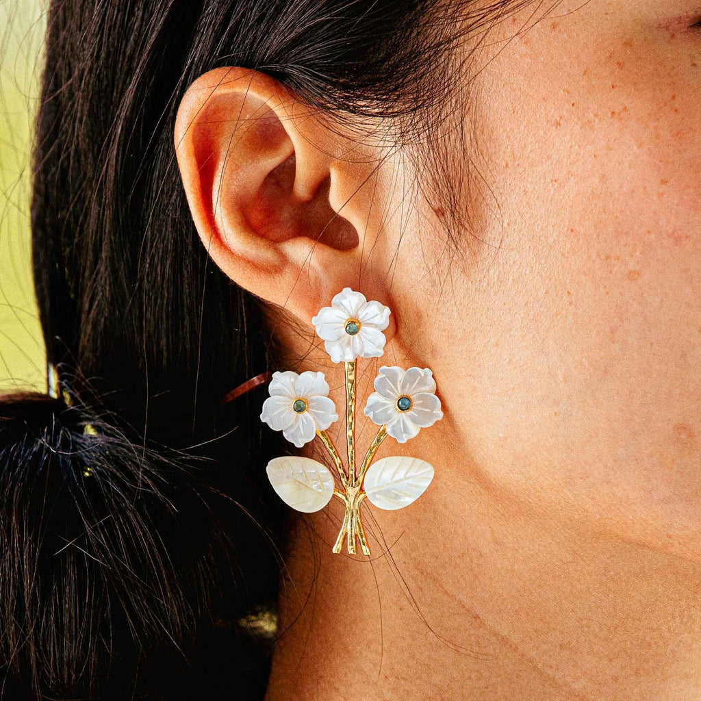 Closeup image showing a woman's ear with a floral drop earring