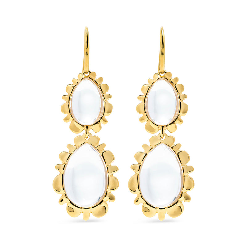 Sometimes life is a gamble and you just have to confidently double down and bet on yourself. In this case, you’re a clear winner with a stunning pair of statement earrings that are doubly bold, doubly feminine and doubly radiant with their unforgettable edgy ruffles and luminous drops of clear quartz.