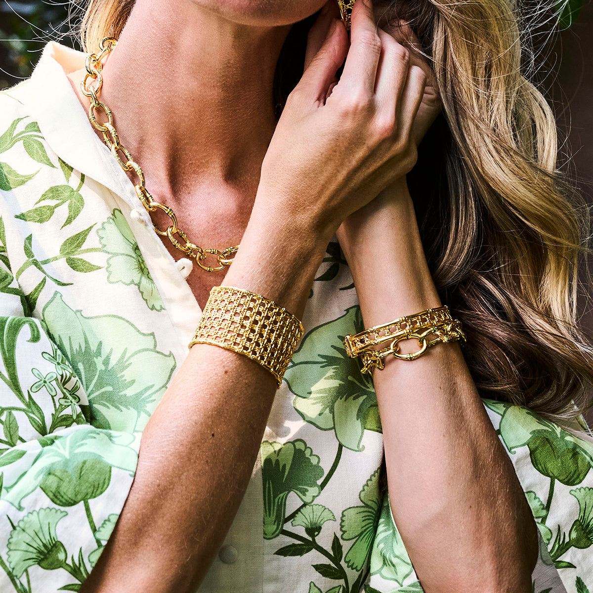 Bangkok Bamboo Link Bracelet, 7.25 in - Gold-Green Enamel