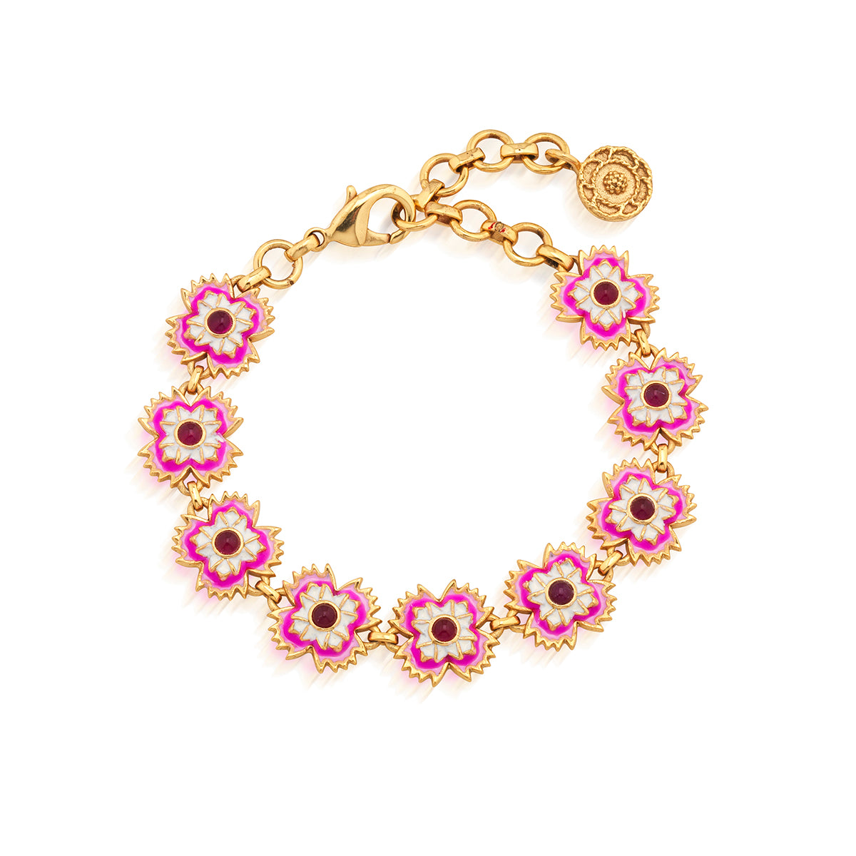 Hello, arm candy! This sweet bracelet brings a feminine flourish to whatever you wear it with (from basic tee to tailored shirt to floaty dress) with its ruffled dianthus blossoms in charming petal pinks and white trimmed in bright gold. This dainty confection of a link bracelet features vibrantly hand-painted enamel flowers intricately set with fuchsia jade gemstone centers for a dose of flower power that’s subtle yet striking.