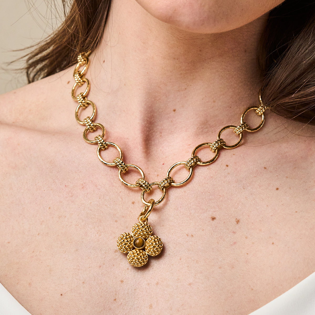 Berry Clover Double Sided Charm/Pendant - Tiger's Eye close up of back of pendant on necklace