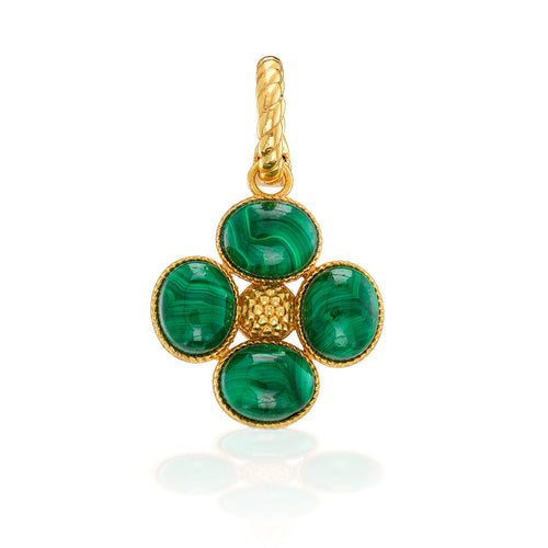 Add a beautiful token of luck to any chain to carry with you wherever you go. Our clover pendant is made of gorgeous green malachite stones with intricately detailed golden accents and a gilded berry center.