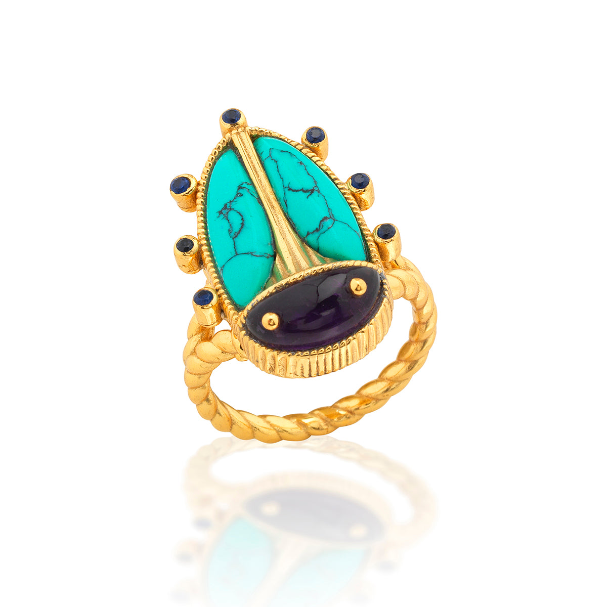 This colorful character is an empowering talisman of strength and resilience to carry with you every day. Our version of an ancient Egyptian amulet, this sacred scarab features polished turquoise wings with a luminous amethyst head and tiny feet atop a gold ring band.