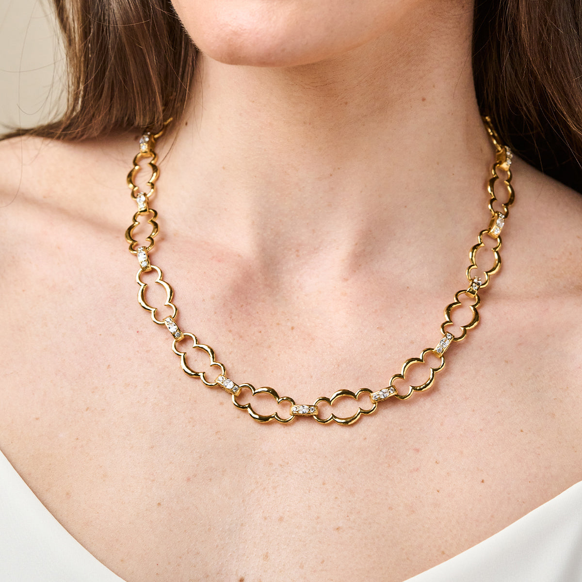 Maharani Grande Chain Necklace, 17"+2" - Clear Cubic Zirconia close up on model 