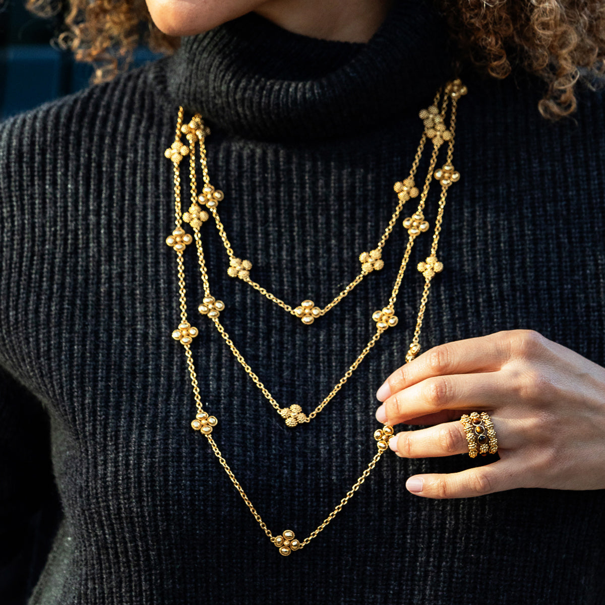 Berry Clover Double Sided Necklace, 16"+2" - Gold lifestyle of necklace stack on model 
