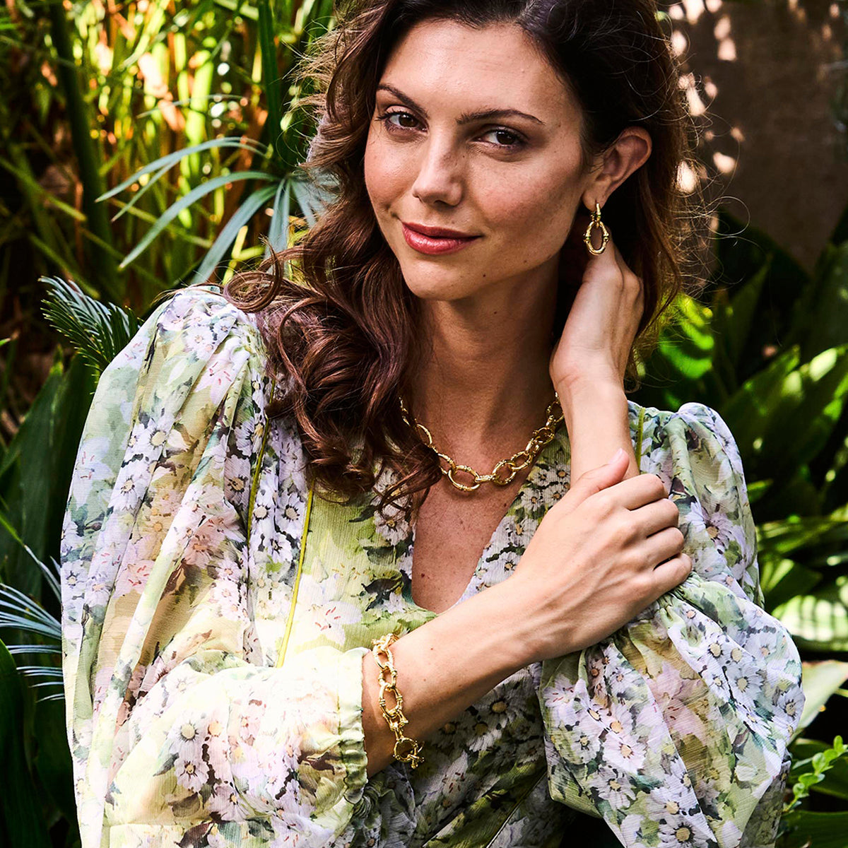 Bangkok Bamboo Link Bracelet, 7.25 in - Gold-Green Enamel