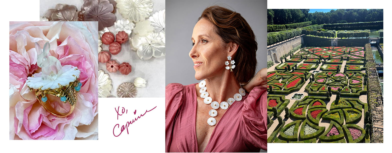 Collage of 4 images: featuring portrait of Capucine Gooding, flower beads, garden with flowers, and the CDW Villandry bunny ring