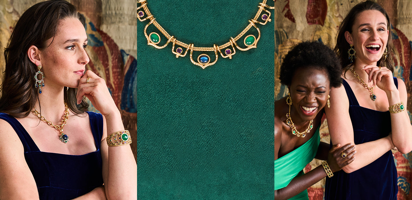 Gold necklace with green gemstones on a teal background, surrounded by women wearing similar jewelry.