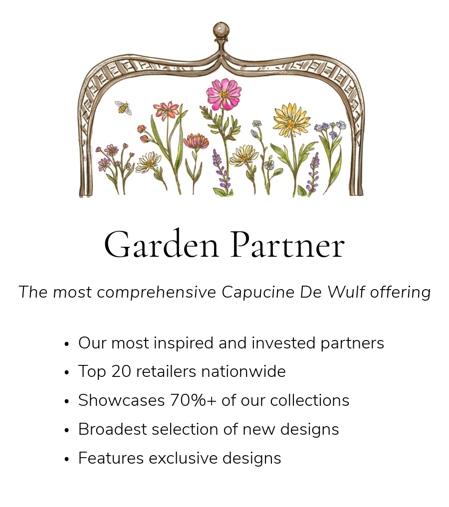Garden partner flowers with trellis on white background. Our most inspired and invested partners, Top 20 retailers nationwide, Showcases 70%+ of our collections, Broadest selection of new designs, Features exclusive designs