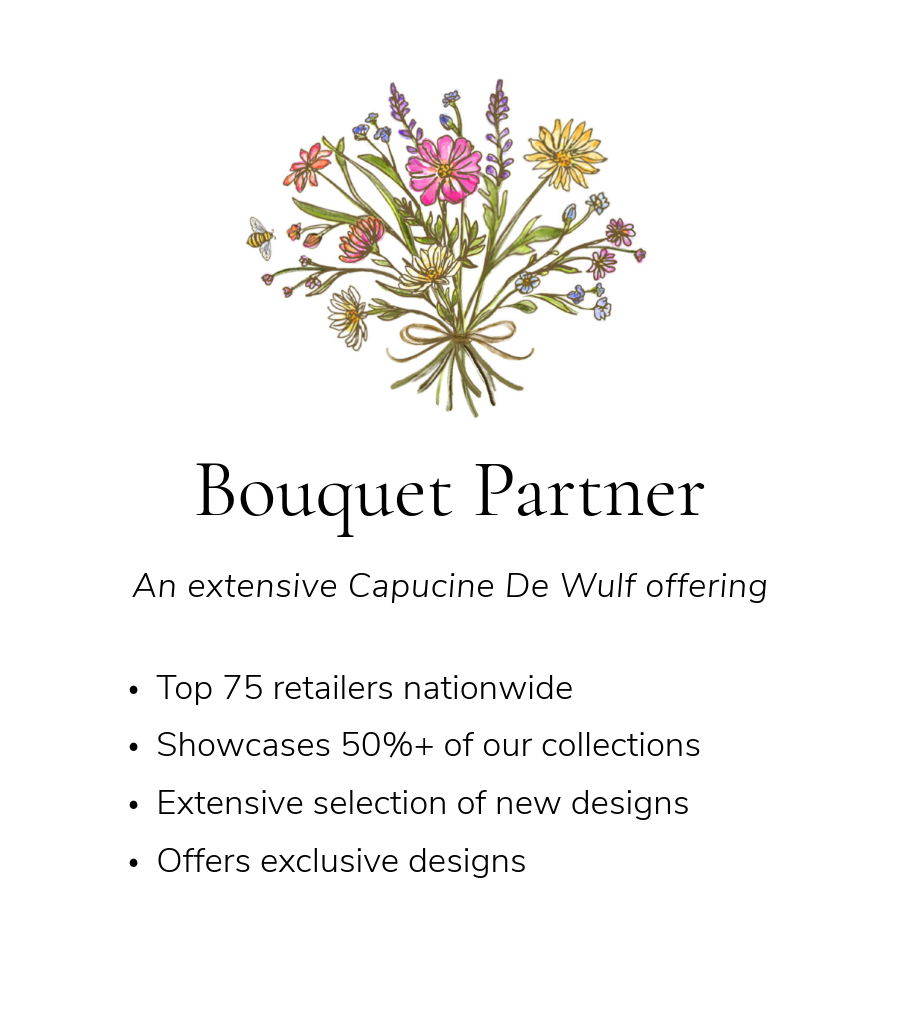 Bouquet Partner logo with a flower bouquet illustration on a white background. Top 75 retailers nationwide, Showcases 50%+ of our collections, Extensive selection of new designs, Offers exclusive designs