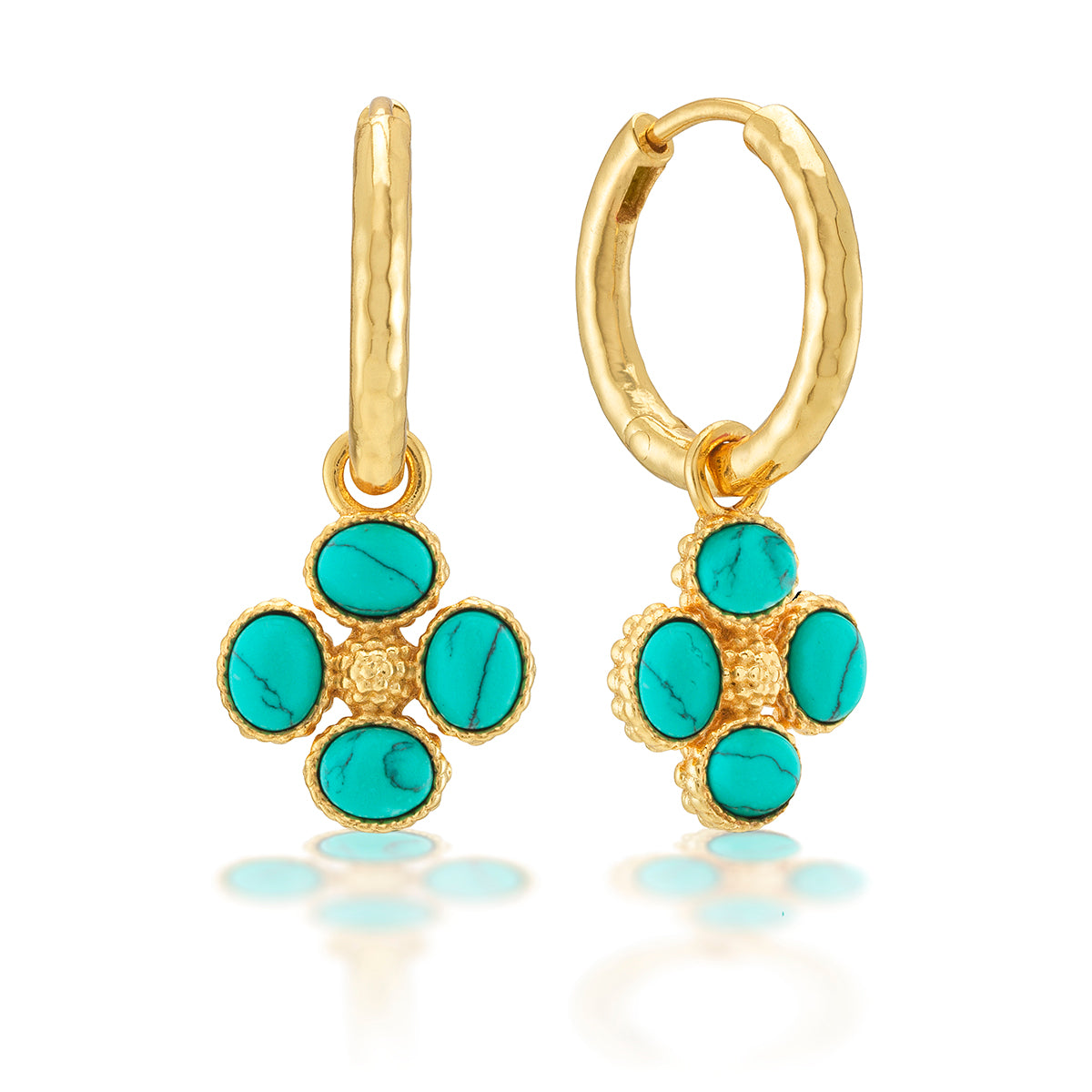Gold hoop earrings with turquoise flower-shaped stones on a white background