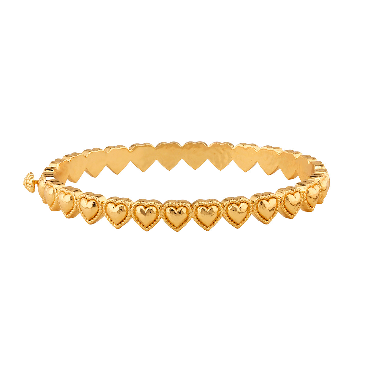 Gold bracelet with heart-shaped links on a white background