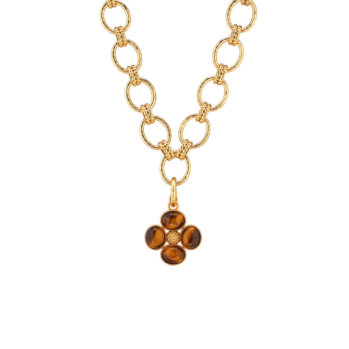 Berry Clover Double Sided Charm/Pendant - Tiger's Eye detail of front of pendant of chain 