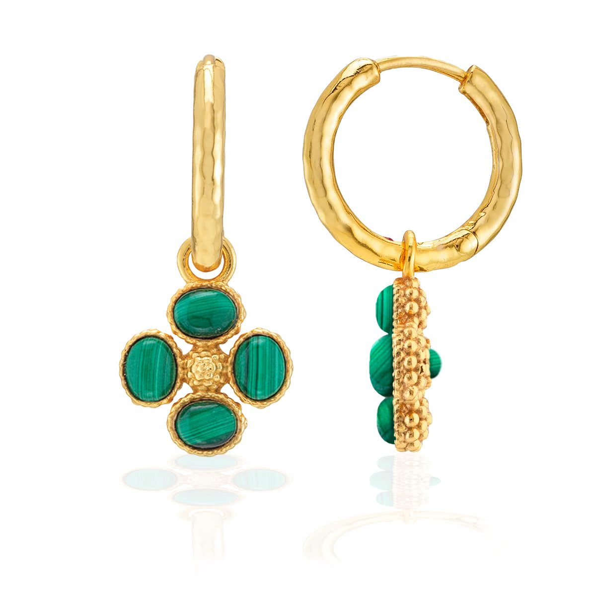 Berry Clover Hoop Earrings with Double Sided Charm - Malachite detail view of front and side of earring