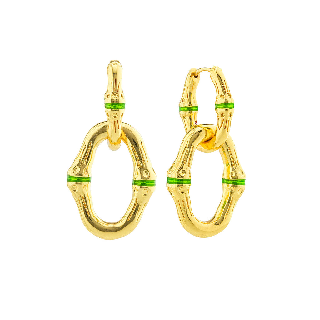 Bangkok Bamboo Link Earrings - Gold/Green Enamel – Capucine