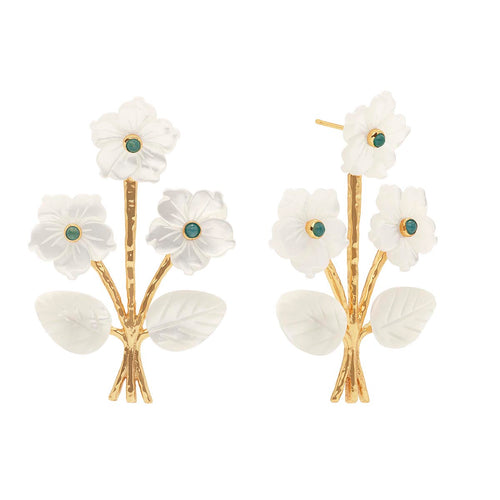 Our imagined Mermaid Garden is a collection conjured from a daydream, where Poseidon's many daughters became enchanted by the beautiful flowers they spied on land and recreated their own ethereal blooms out of mother of pearl plucked from the sea. Romantic and elegant, this sweet set of bouquet earrings are perfect for meandering through art galleries in denim and a boho blouse or sipping champagne at a garden party in a cocktail dress - after all, we must never forget to stop and smell the roses!