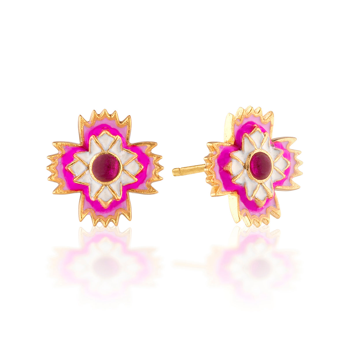 Meaning “divine flower,” this dainty pair of petite pink dianthus blossoms in vibrantly hand-painted enamel is intricately set with fuchsia jade gemstone centers and trimmed with bright golden flourishes. No shrinking violets here—these sweet studs bring a splash of color, whimsy, and feminine flower power to your day and night, weekday to weekend style.