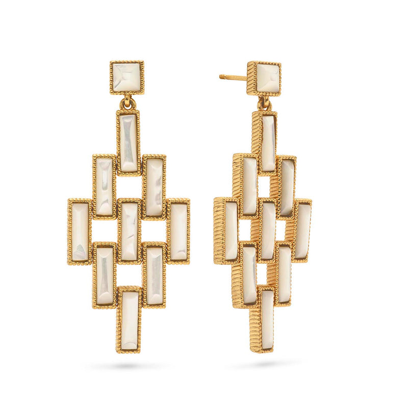 These earrings are constructed of rectangular Mother of Pearl links in a chandelier silhouette with a geometric twist that is simultaneously edgy and elegant. Symbolizing the different pathways we choose to follow in life - each one fabulously unique - wear these as you travel along your daily adventures, from Monday meetings to Saturday date night.