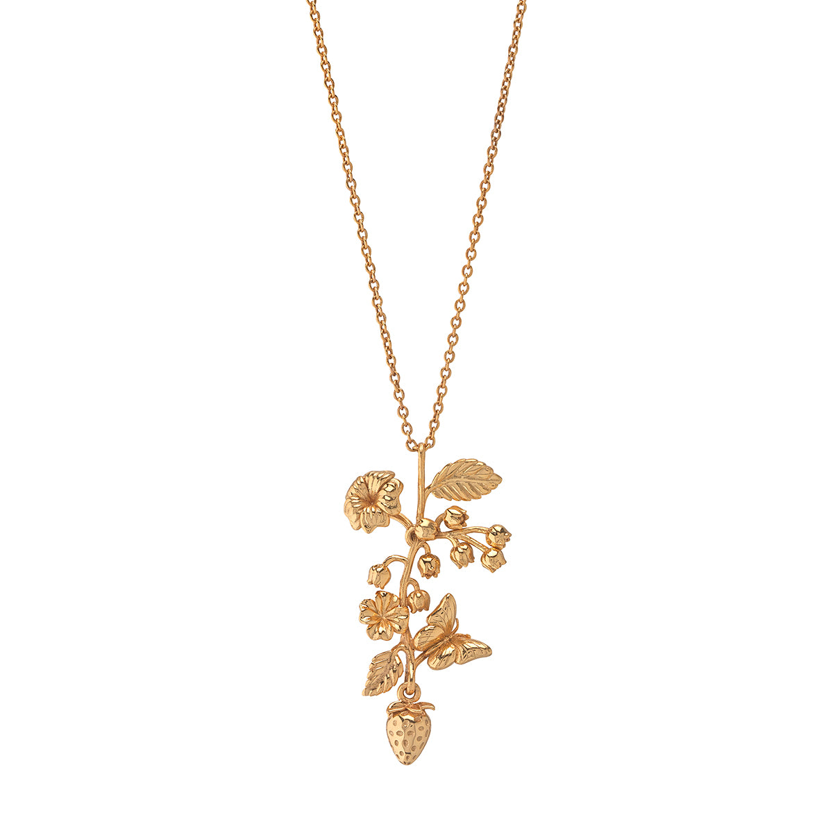 A romantic bramble of exquisitely detailed golden flowers, leaves, berry and butterfly compose this charm necklace that’s equal parts romantic and elegant. Upon a dainty chain, this bohemian and botanical beauty makes a quiet statement with whatever you pair it with—from a classic white tee to cashmere sweater to garden party frock.
